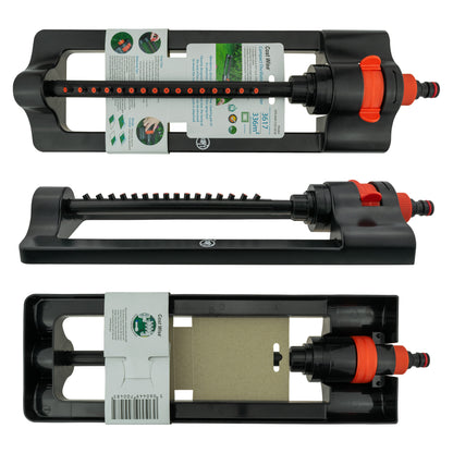 Black oscillating sprinkler and open housing; orange dial and outlet ports visible.