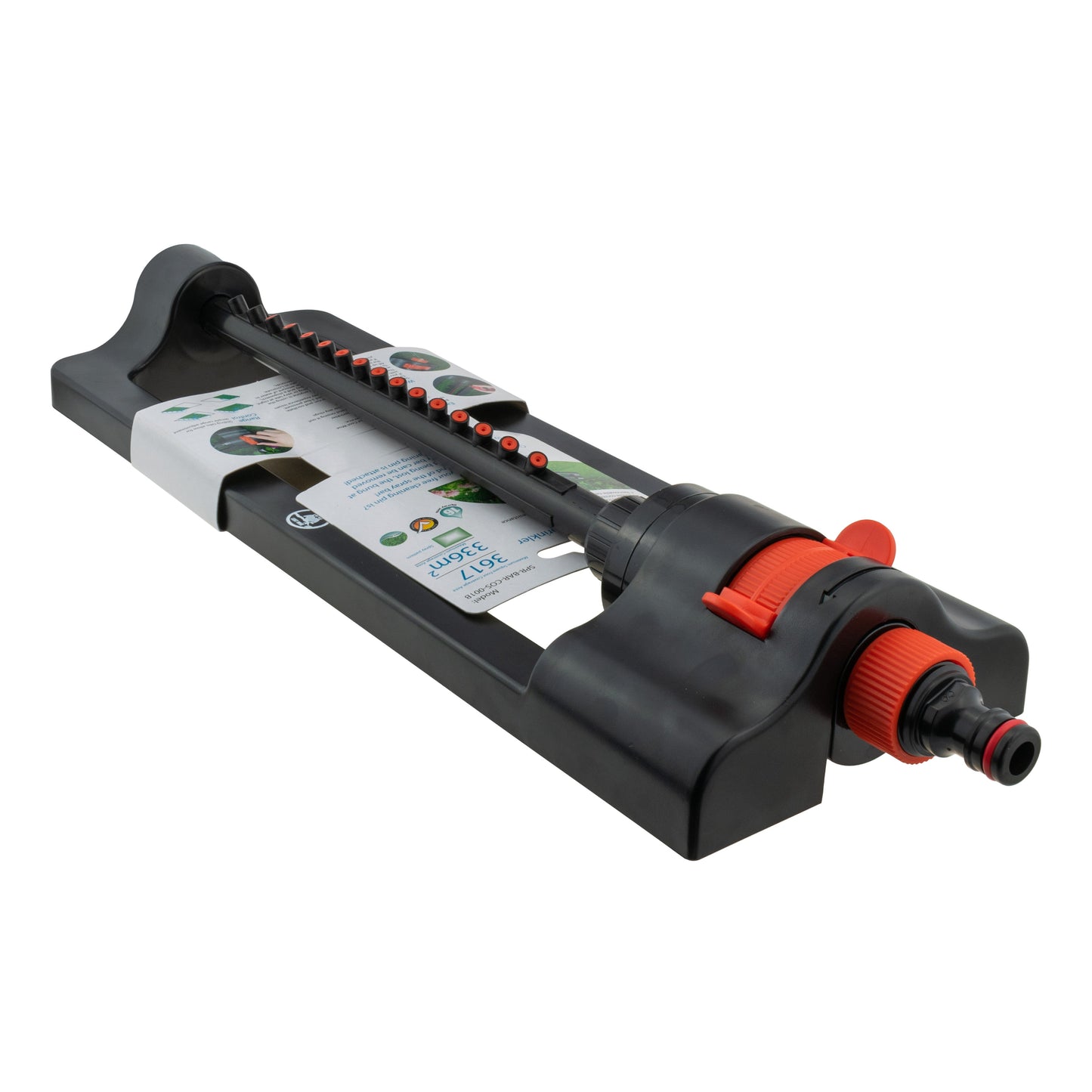 Oscillating sprinkler in black with orange end cap and central nozzle panel.