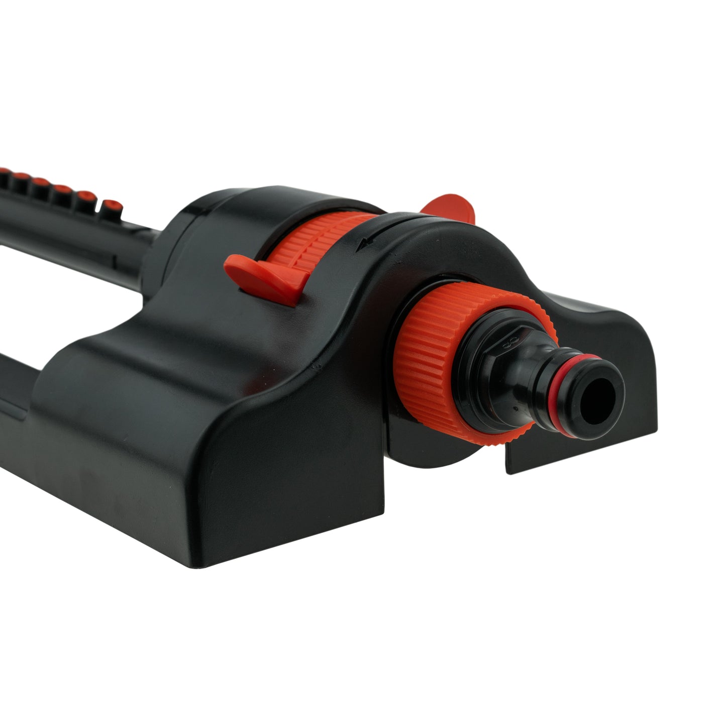 Oscillating sprinkler, black body with orange adjustment knob and outlet