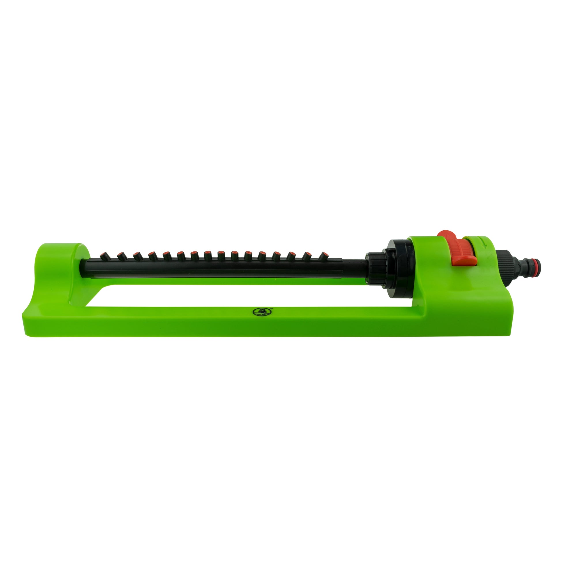 Oscillating sprinkler side view: green base, black oscillating tube and red nozzle