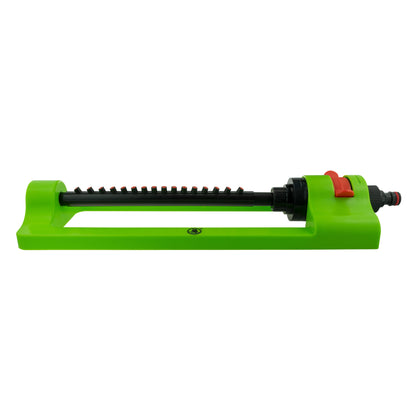 Oscillating sprinkler side view: green base, black oscillating tube and red nozzle