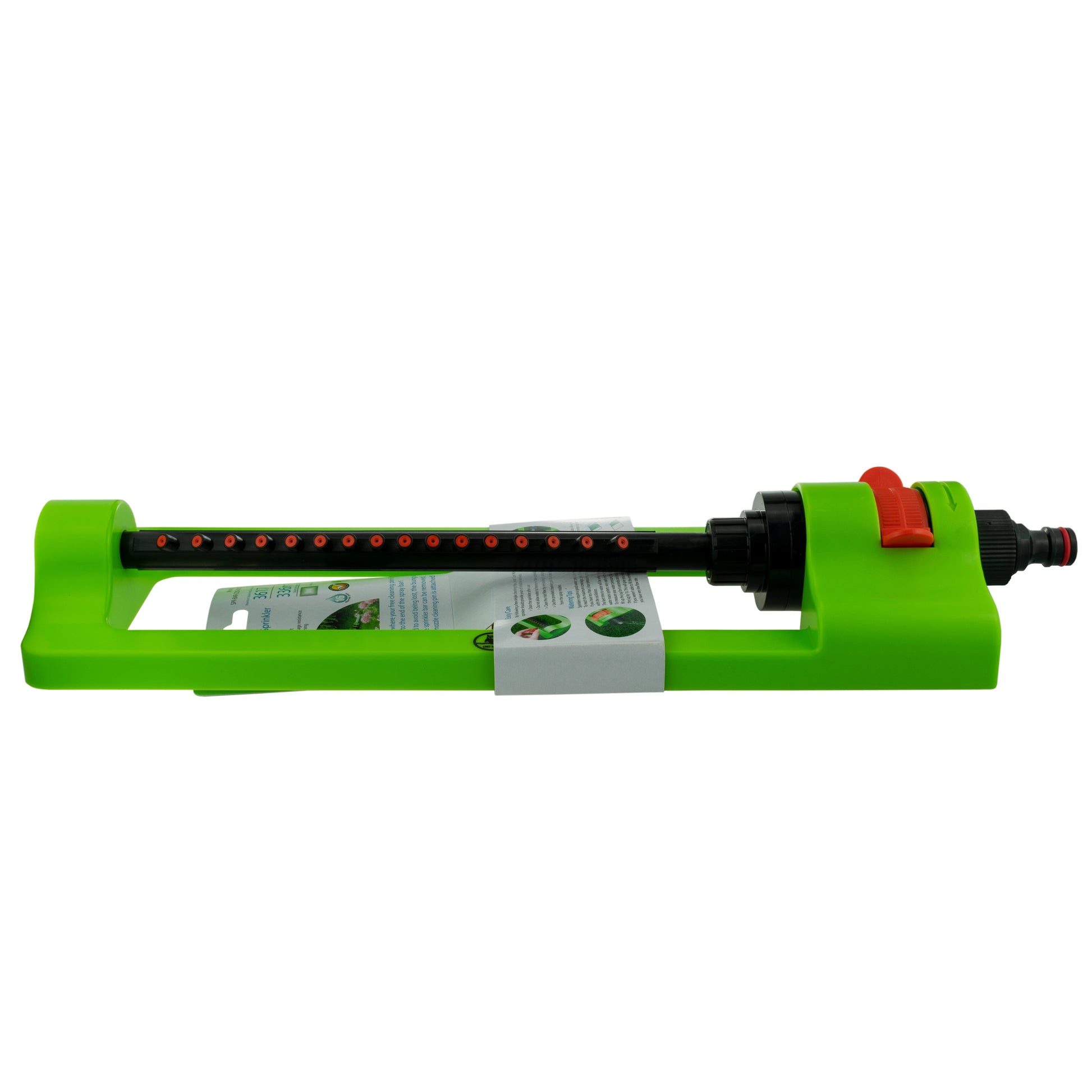 Green oscillating sprinkler with black tube, red control, and hose connector end