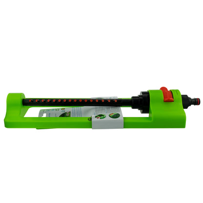 Green oscillating sprinkler with black tube, red control, and hose connector end