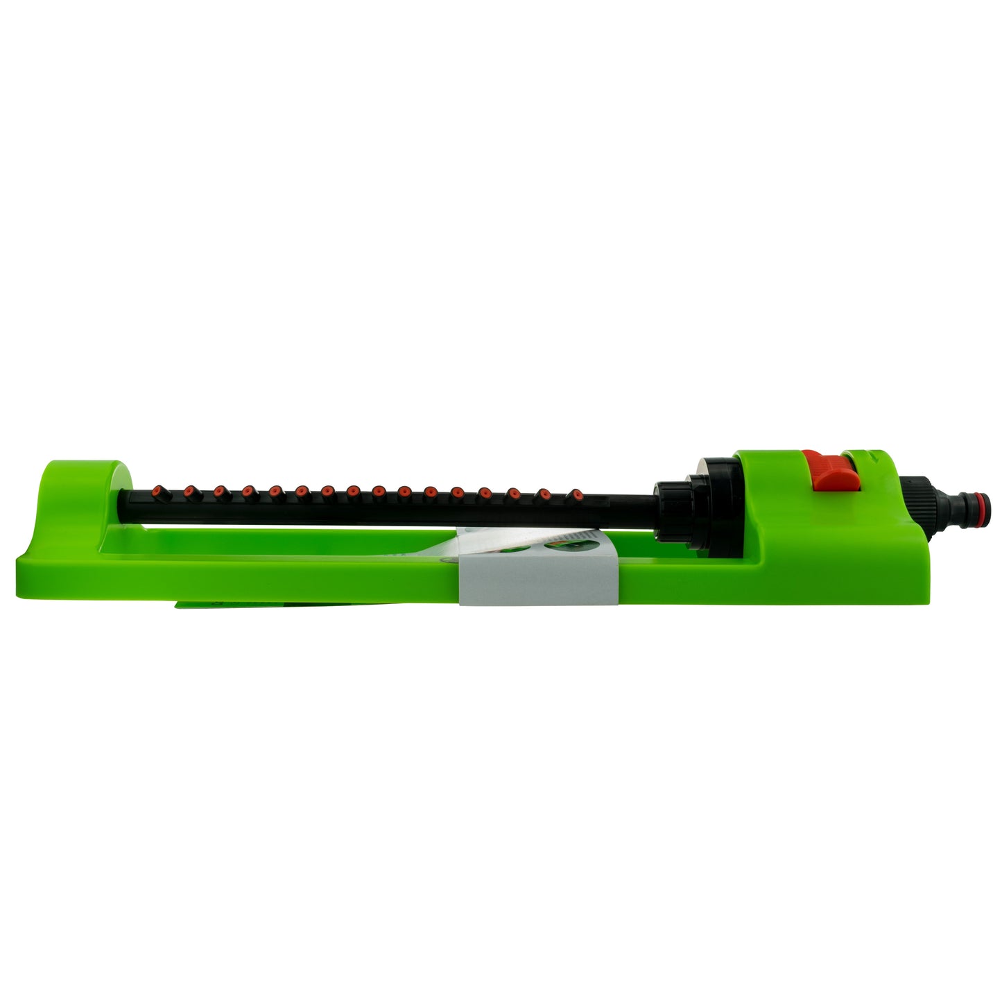 Green oscillating sprinkler with black tube and red control knob