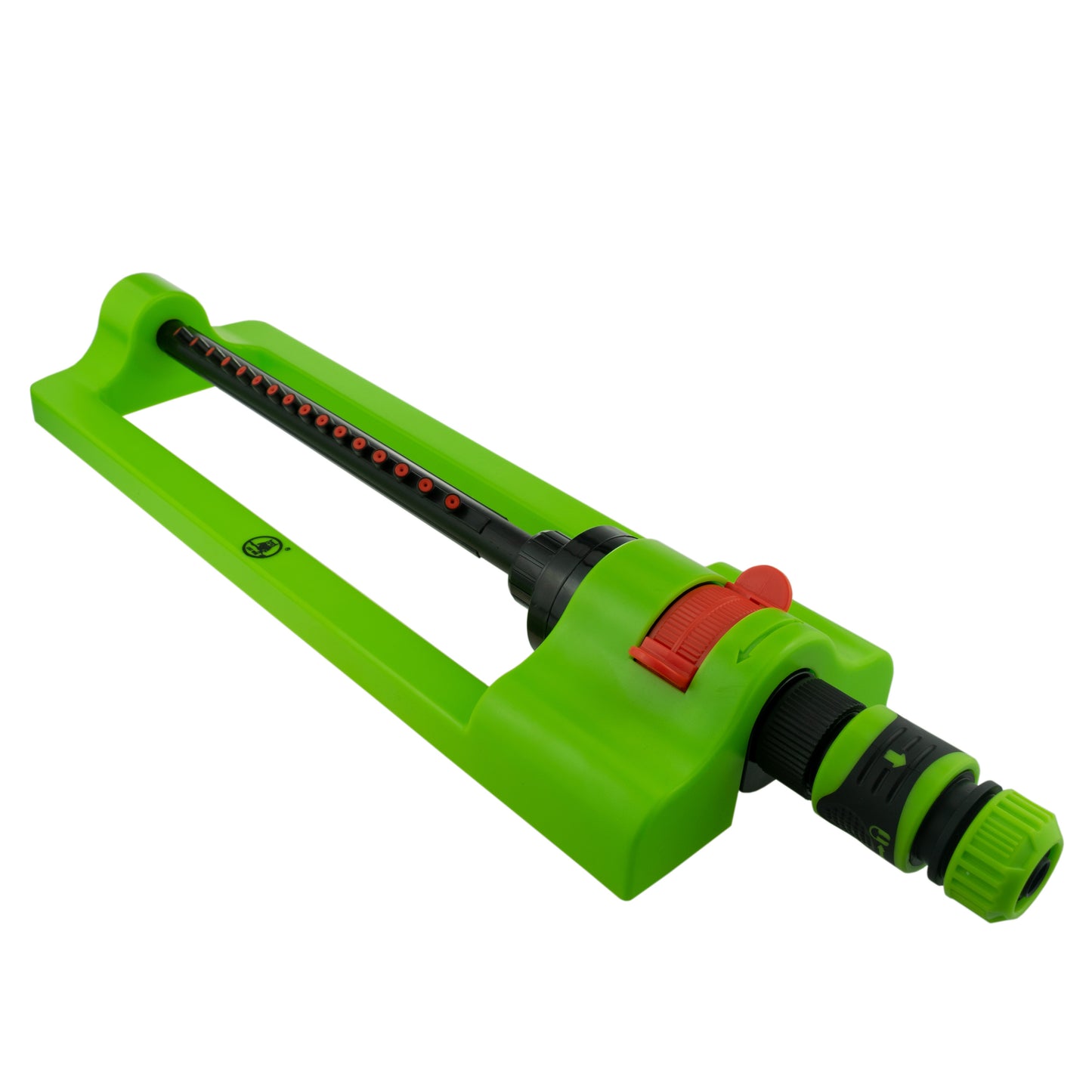 Green oscillating sprinkler with red dial and black spray nozzle row