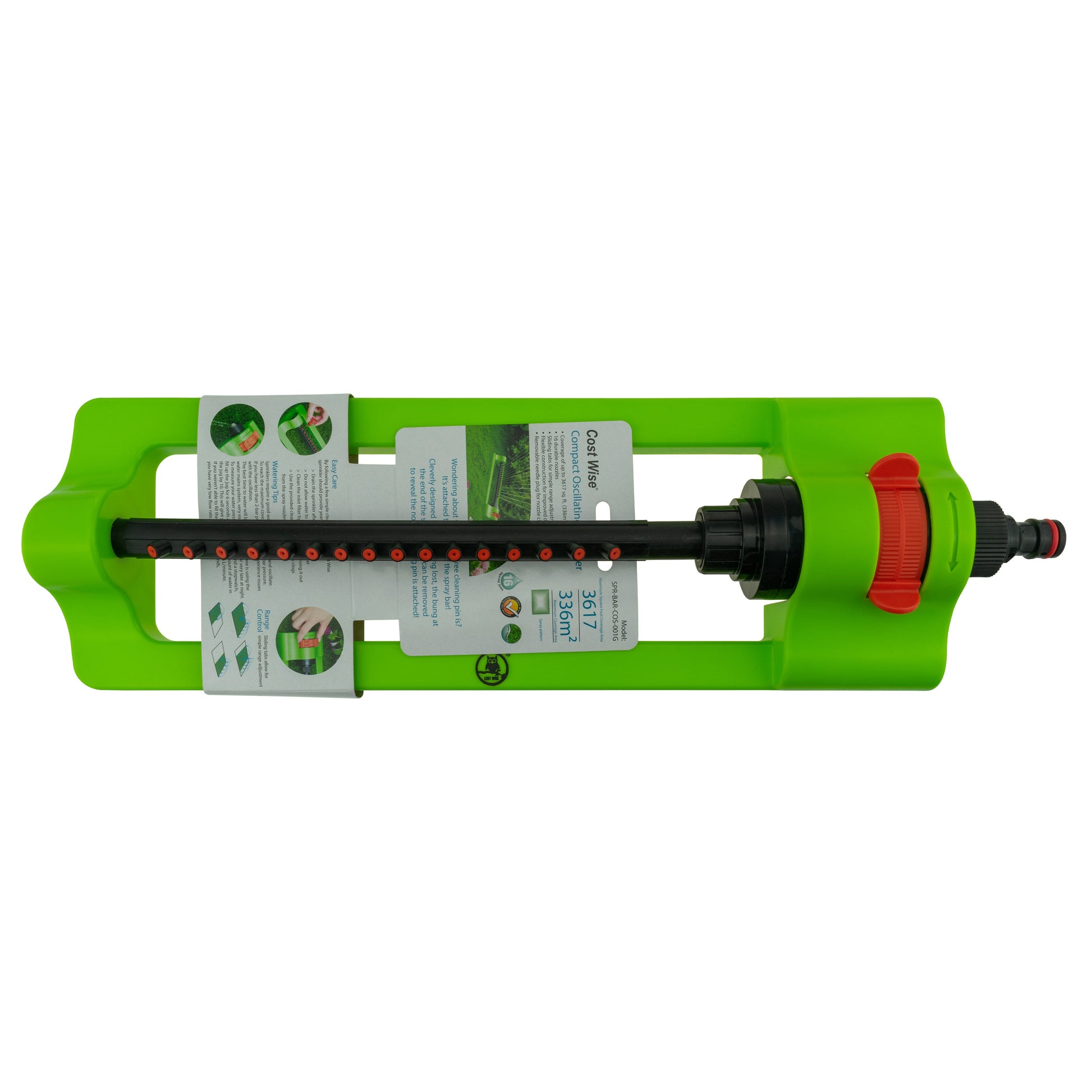 Green oscillating sprinkler with visible label window and black spray bar