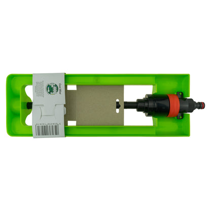Green sprinkler housing with packaging label and threaded hose connector