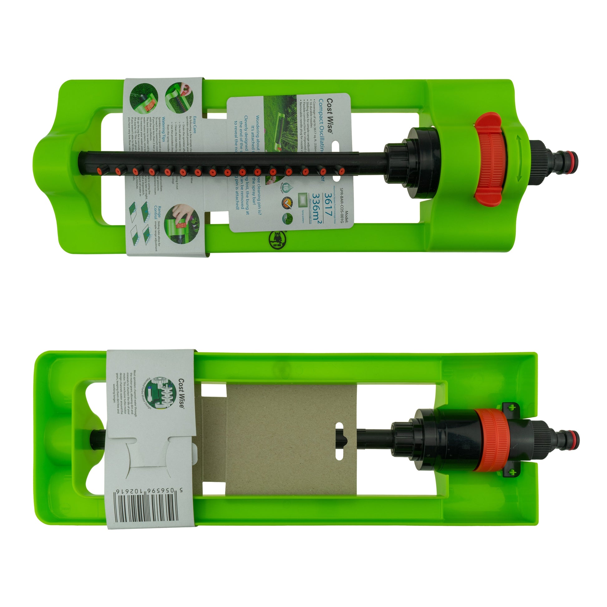 Green oscillating sprinkler with red control and hose connector, shown in packaging