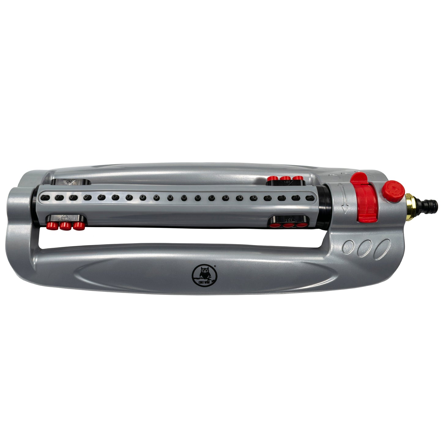 Bar Metal Turbo Oscillating Sprinkler, gray body with red controls and nozzle fitting