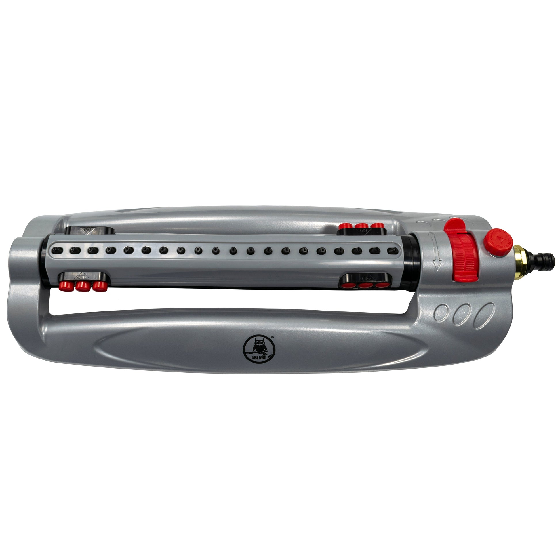 Bar Metal Turbo Oscillating Sprinkler, gray body with red controls and nozzle fitting
