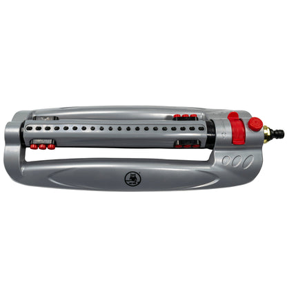 Bar Metal Turbo Oscillating Sprinkler, gray body with red controls and nozzle fitting
