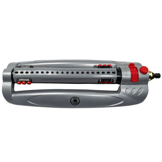 Bar Metal Turbo Oscillating Sprinkler, gray body with red controls and nozzle fitting