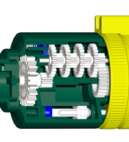 Turbo-Oszillationssprinkler, Schnittansicht: Zahnräder und Getriebe im Gehäuse