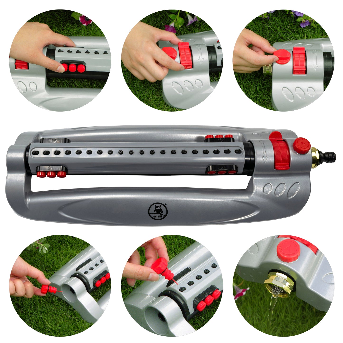 Oscillating sprinkler with red top dial and manual control detail