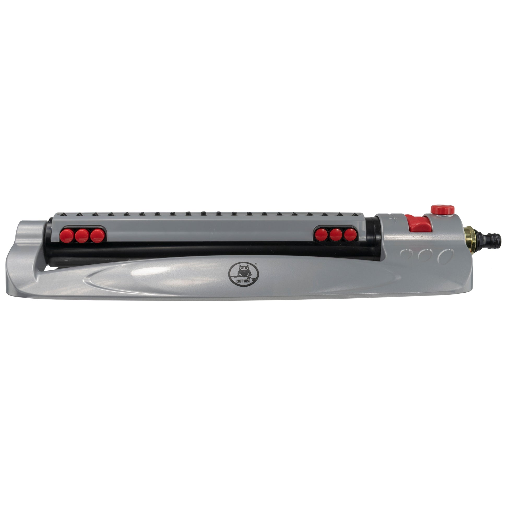 Turbo oscillating sprinkler side profile with red adjustment dial and hose outlet