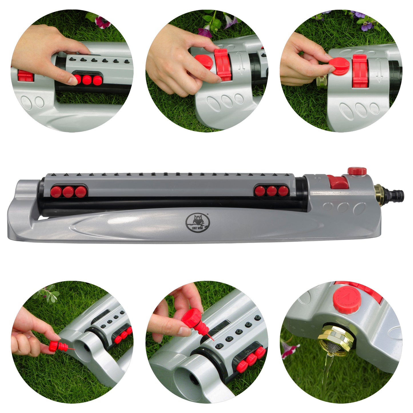 Gray oscillating sprinkler with red buttons and hose connector, shown with usage insets