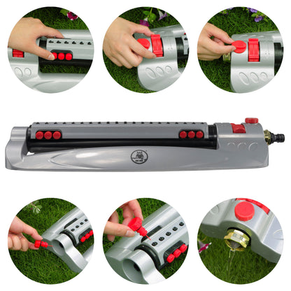 Gray oscillating sprinkler with red buttons and hose connector, shown with usage insets