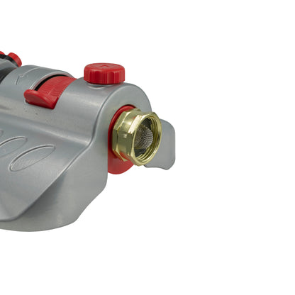 Sprinkler hose connection end with red cap and brass threaded inlet