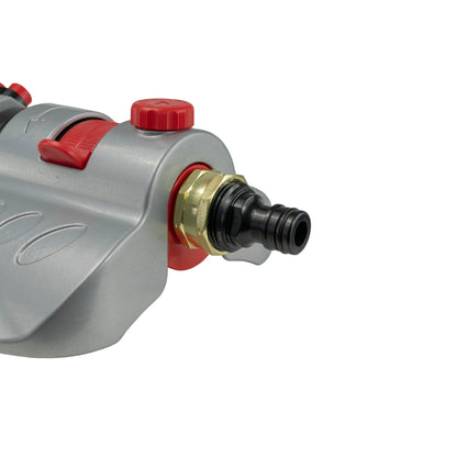 Metal turbo sprinkler side view with red knob and brass hose connector