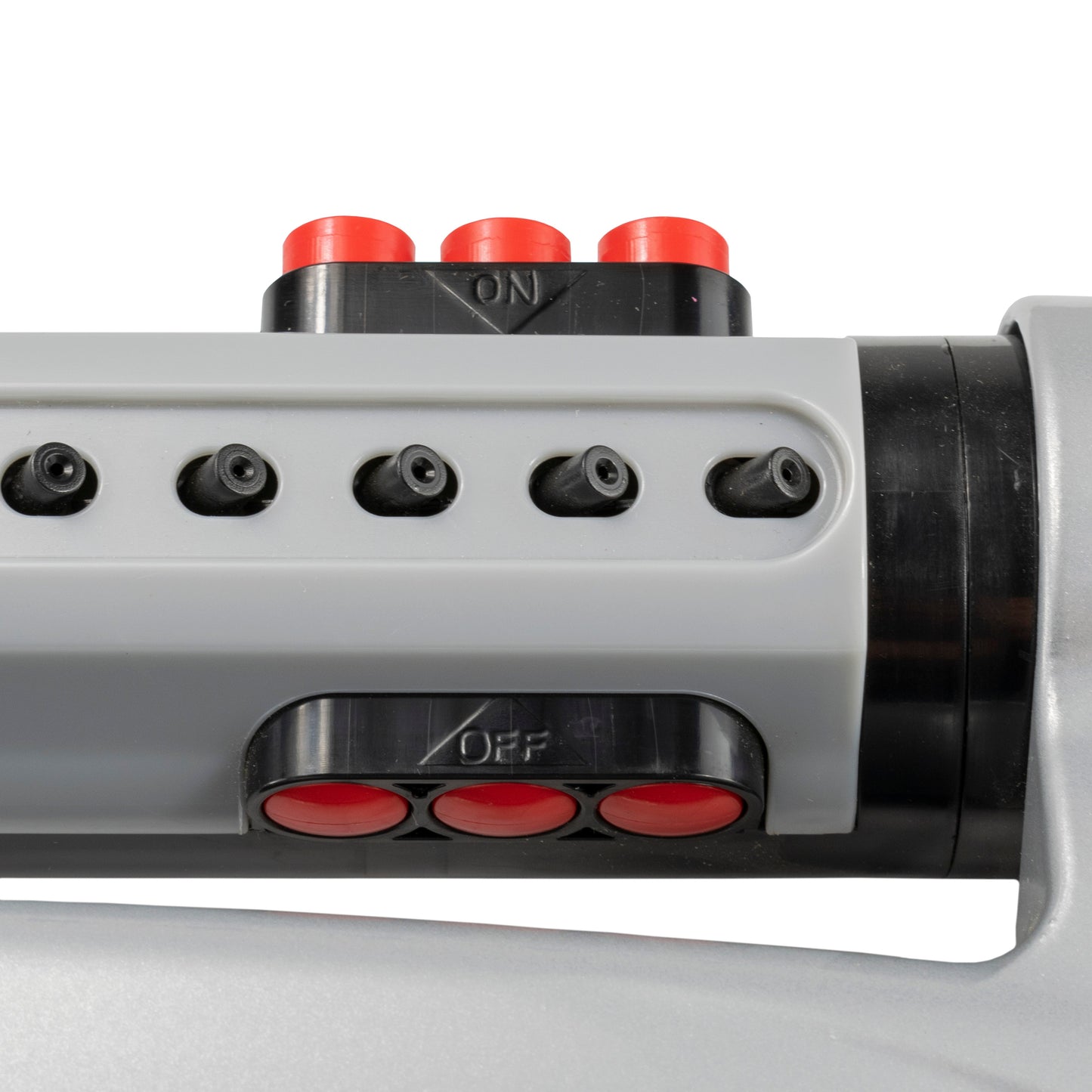 Sprinkler control panel close-up with multiple spray outlets and ON/OFF marking