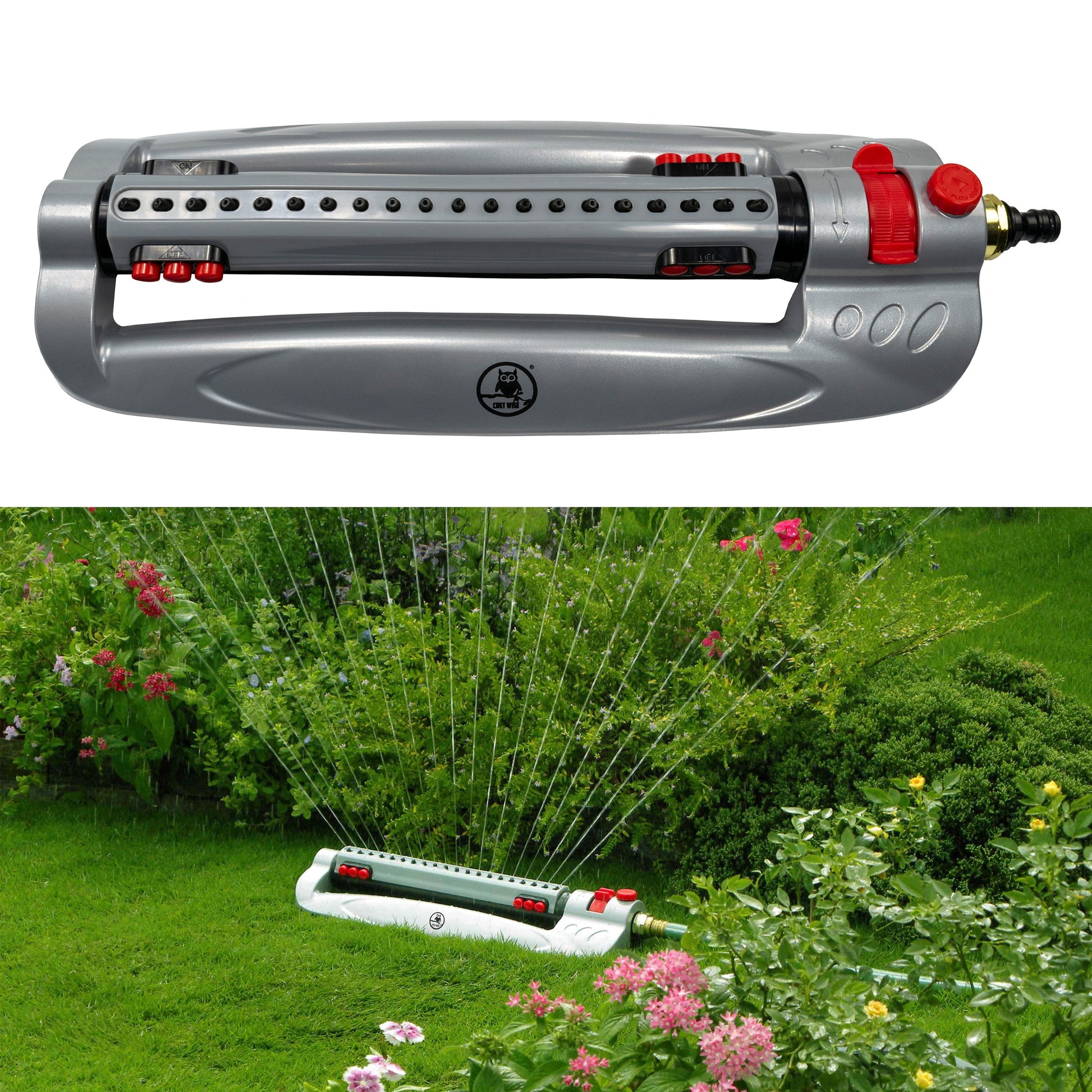 Turbo oscillating sprinkler spraying over grass with gray body and red controls