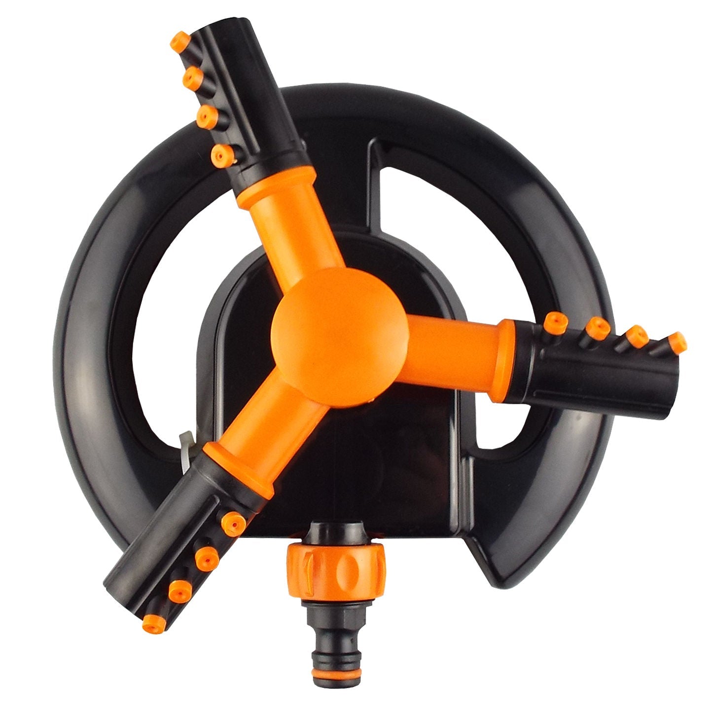 3-Arm Rotationssprinkler, schwarz mit orangefarbenen Armen und Sprühkopf