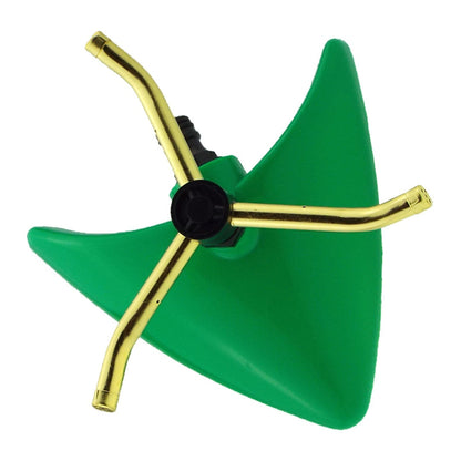 Green revolving sprinkler head with three brass arms and black central hub