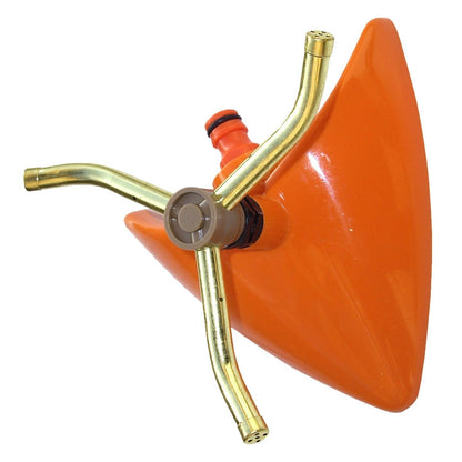 Orange Rotationssprinkler mit Einstellrad am Kopf und drei Messingarmen
