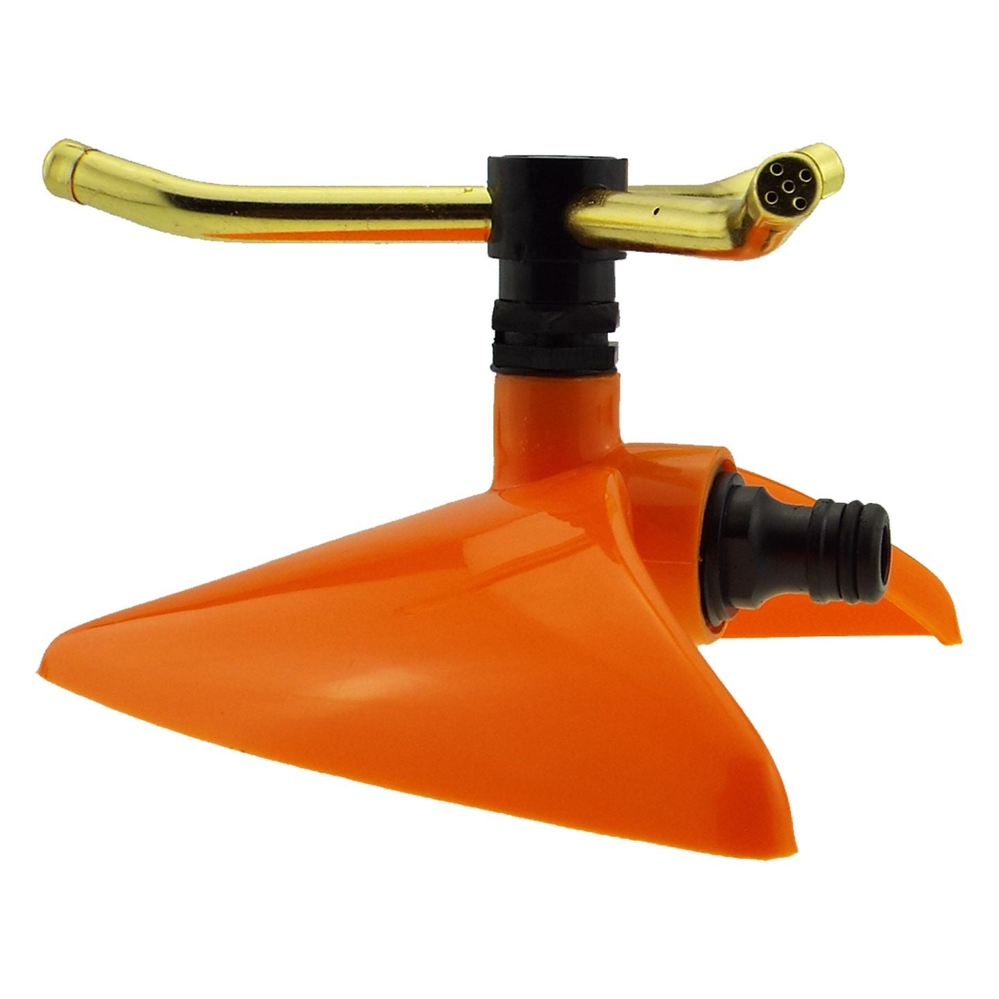 Orange 3-Arm-Sprinkler mit schwarzem Verteiler und seitlichem Schlauchstutzen