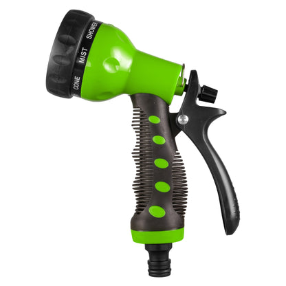 Green garden hose water sprayer gun with black handle and adjustable 8-pattern dial