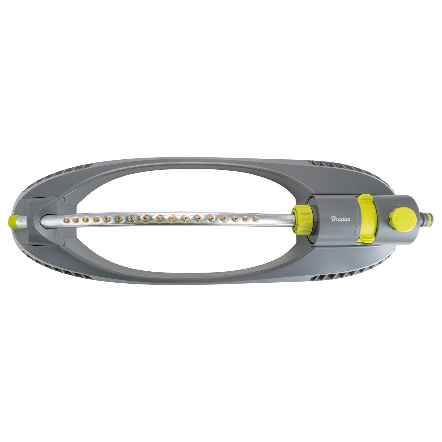 Oscillating lawn sprinkler bar with metal tube, lime caps, and control dial