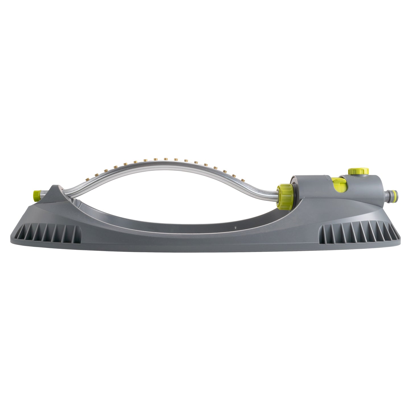 Gray base oscillating sprinkler with metal spray bar, nozzle strip, and lime fittings