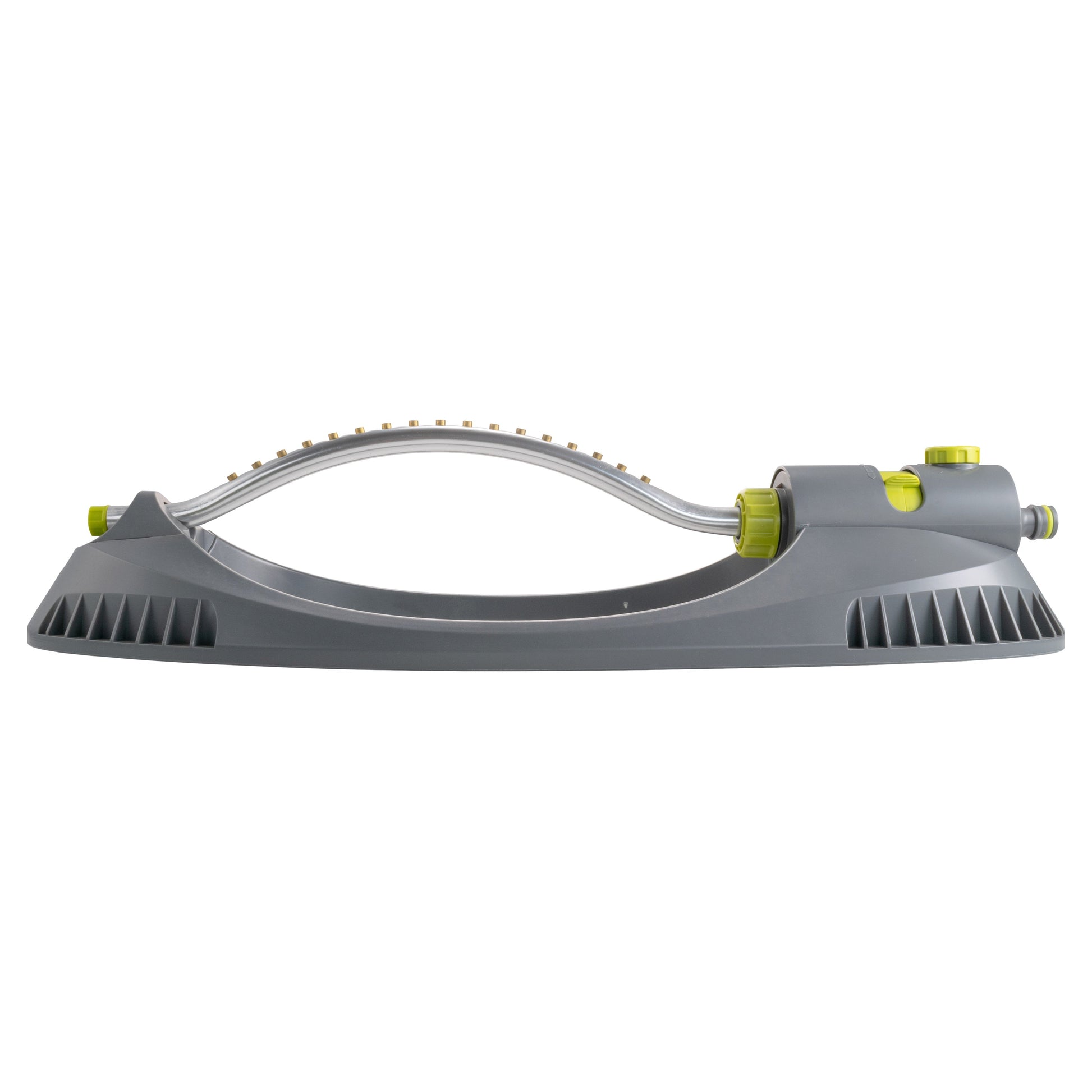 Gray base oscillating sprinkler with metal spray bar, nozzle strip, and lime fittings