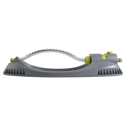 Gray base oscillating sprinkler with metal spray bar, nozzle strip, and lime fittings