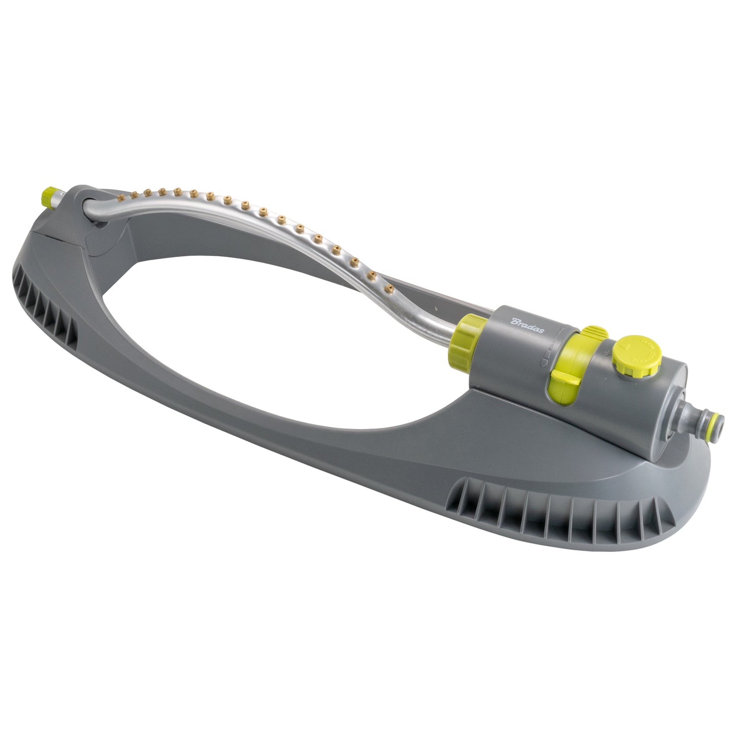 Lime and gray oscillating lawn bar sprinkler with ring of nozzles and vented base