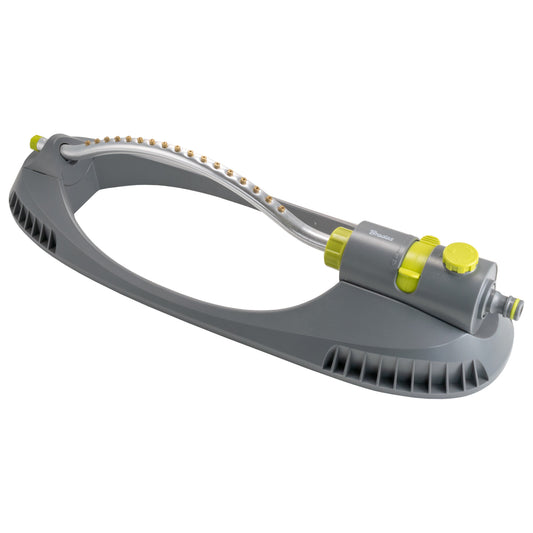Lime and gray oscillating lawn bar sprinkler with ring of nozzles and vented base