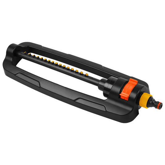 Oscillating sprinkler bar, orange dial and yellow water connector, black body
