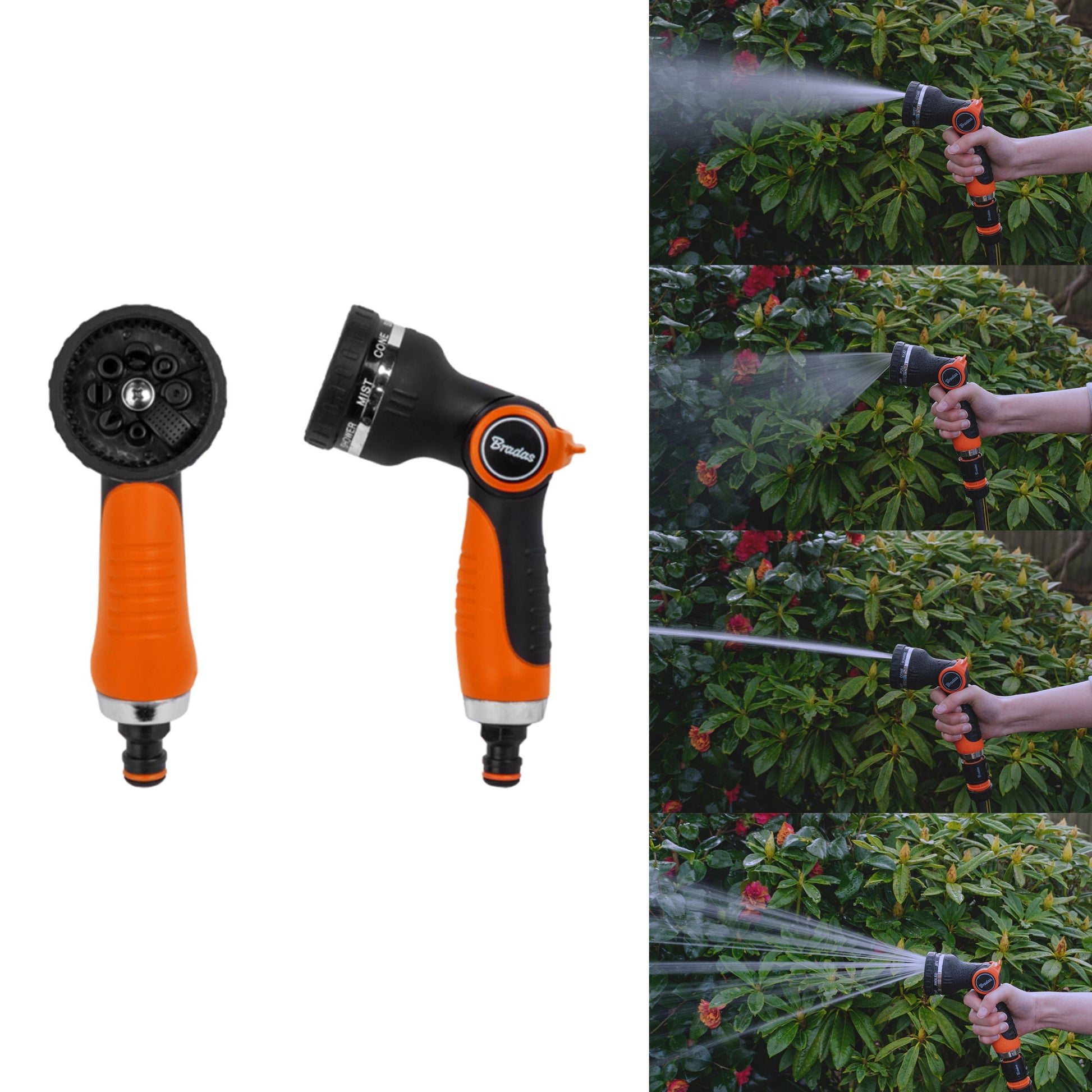 Hose water sprayer set: nozzle head, orange handle, and spray gun with fan stream