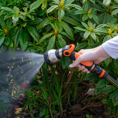 Black and orange hose water sprayer with 8 settings, handheld trigger and spray stream