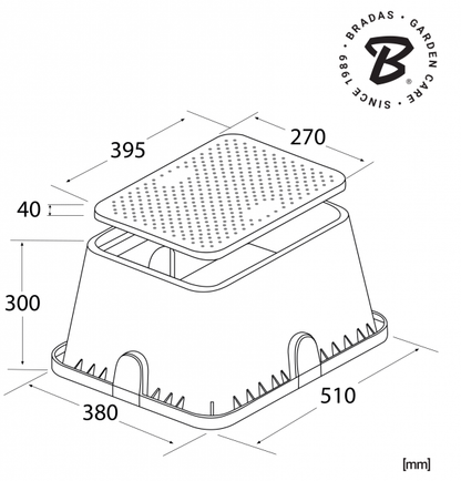 Standard valve box 51x38cm technical diagram with labeled dimensions