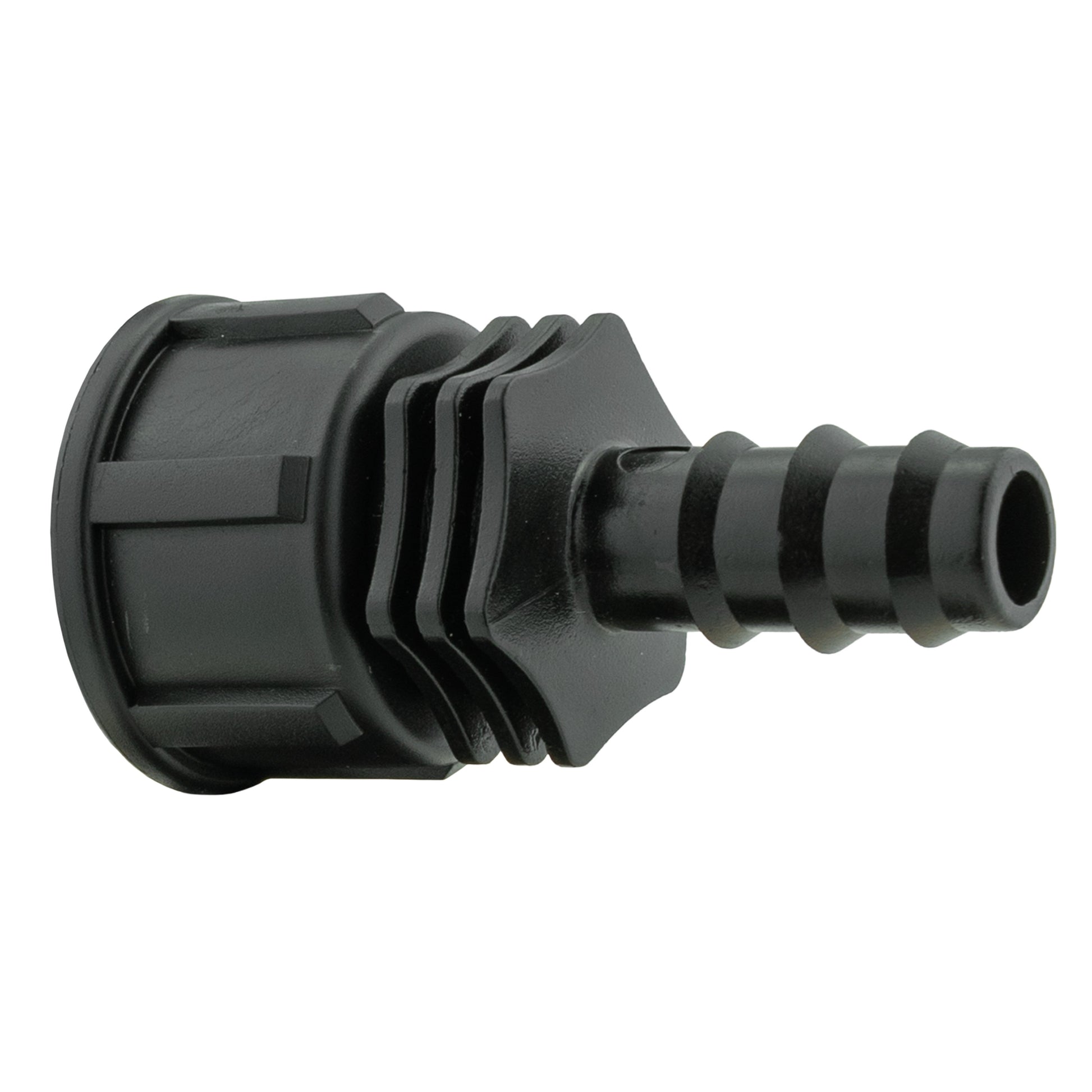 1/2" irrigation pipe joiner with 3/4" BSPF thread, black plastic connector