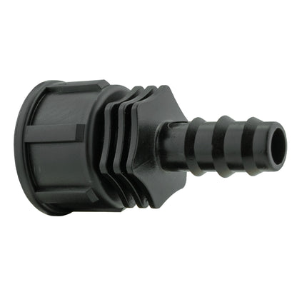 Close-up of 16mm barbed straight connector: black quick-fit end with internal ridges