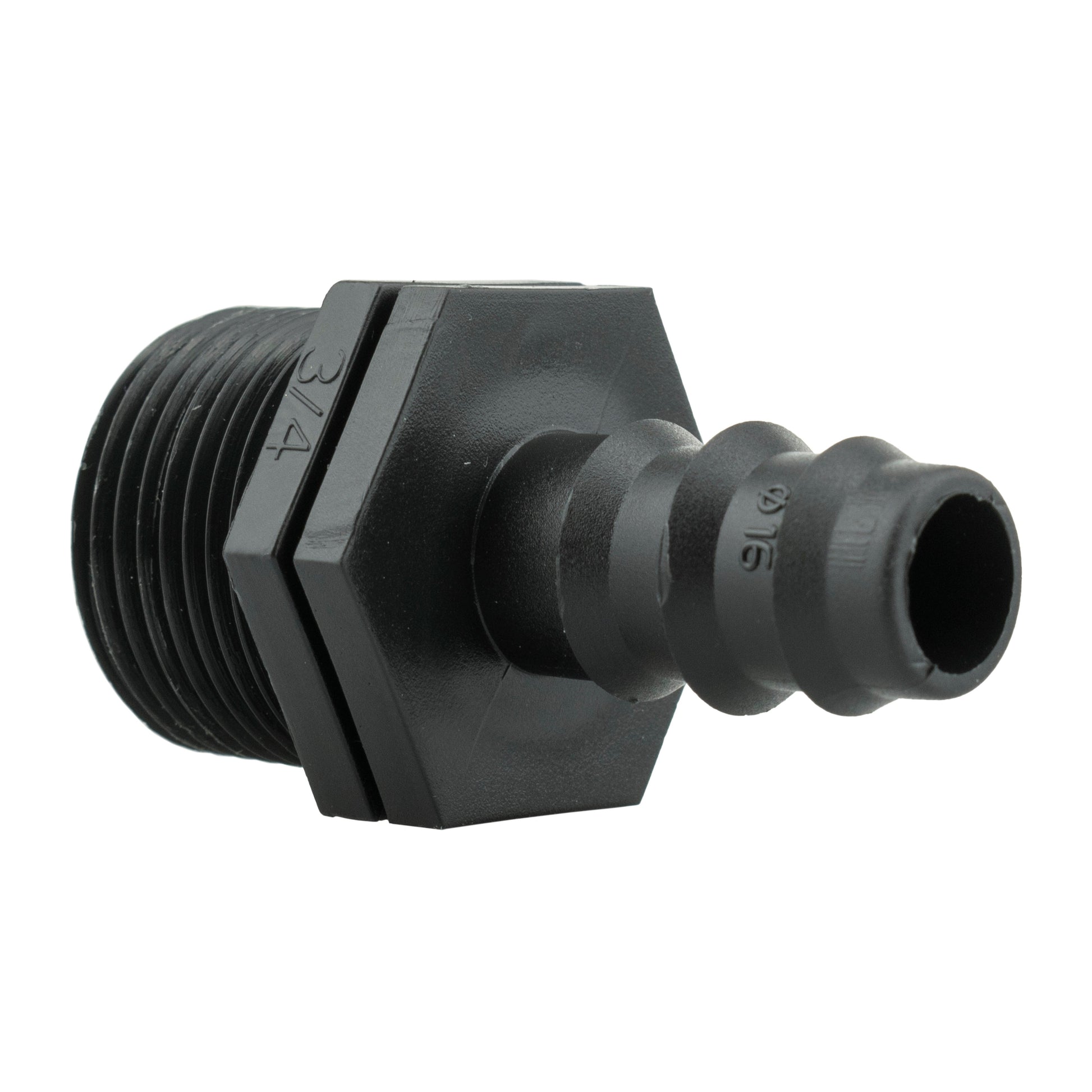 Barbed straight fitting with external threads and 16mm hose barb opening