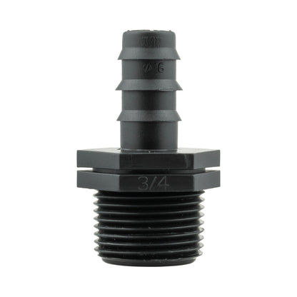 Black 16mm barbed straight connector end with visible 3/4" thread marking