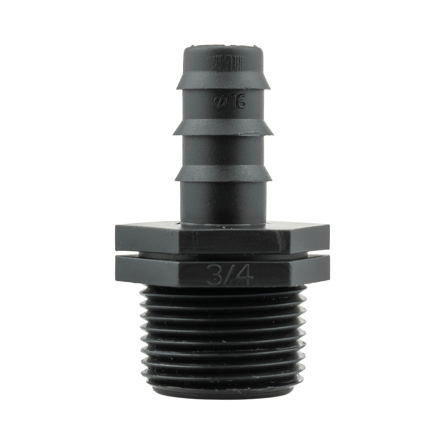 3/4" BSPF barbed fitting end with black hose barb, connector dimension marked 3/4