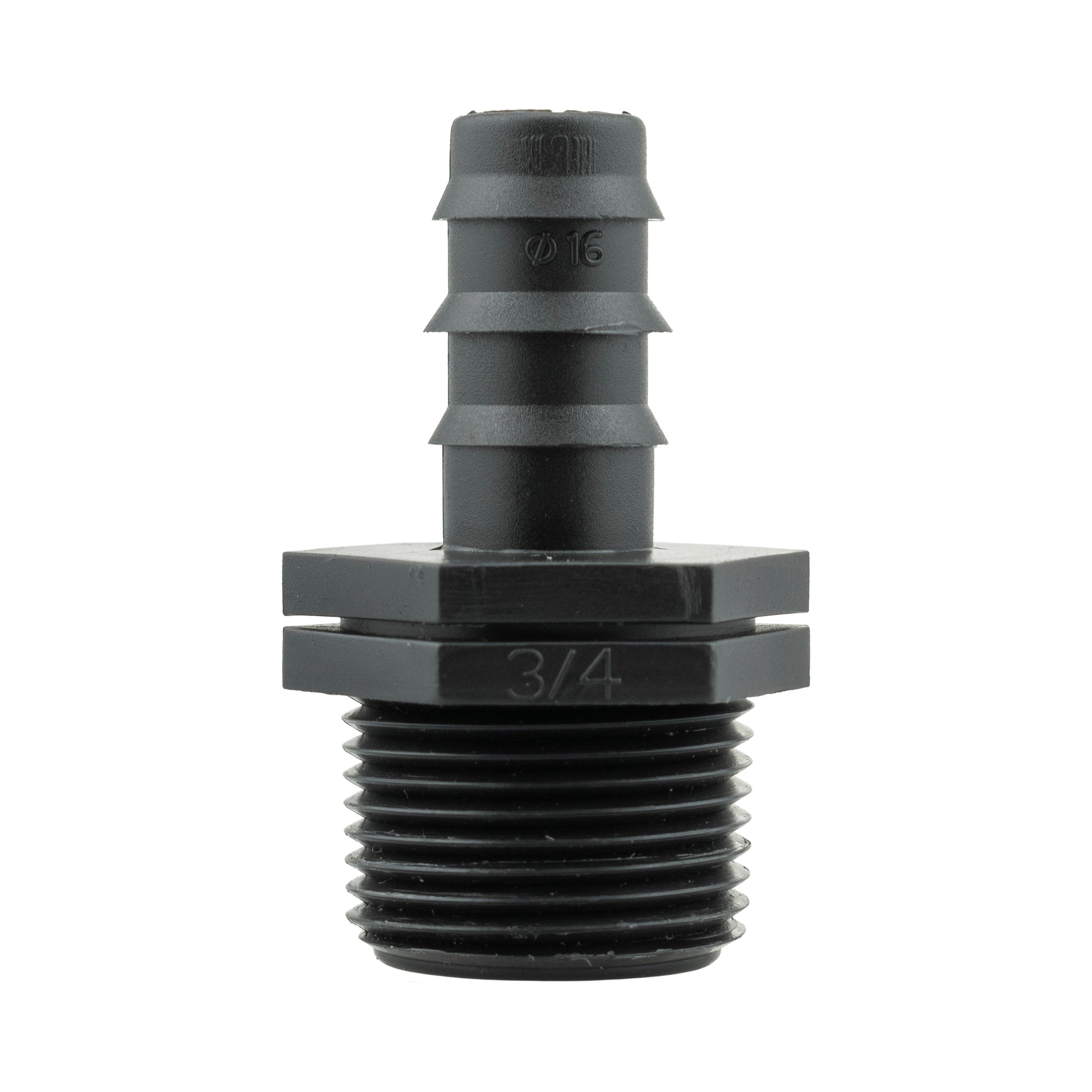 Close-up of black BSP threaded hose connector end, 3/4 marking and barbed insert
