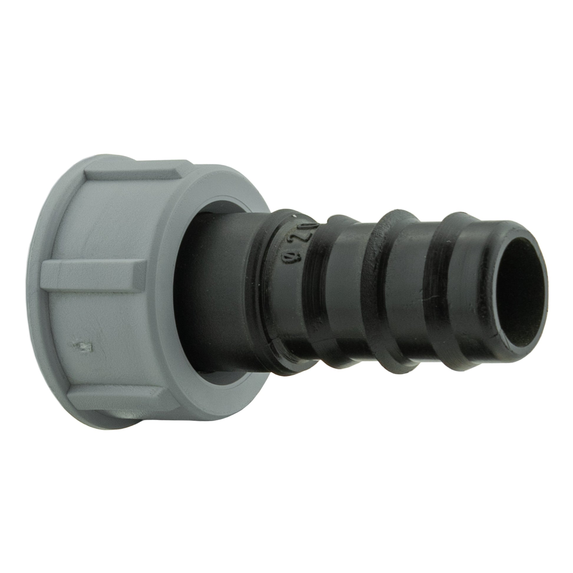 Gray BSP end of barbed straight fitting with black barbed coupling and ridged thread