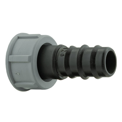Gray BSP end of barbed straight fitting with black barbed coupling and ridged thread
