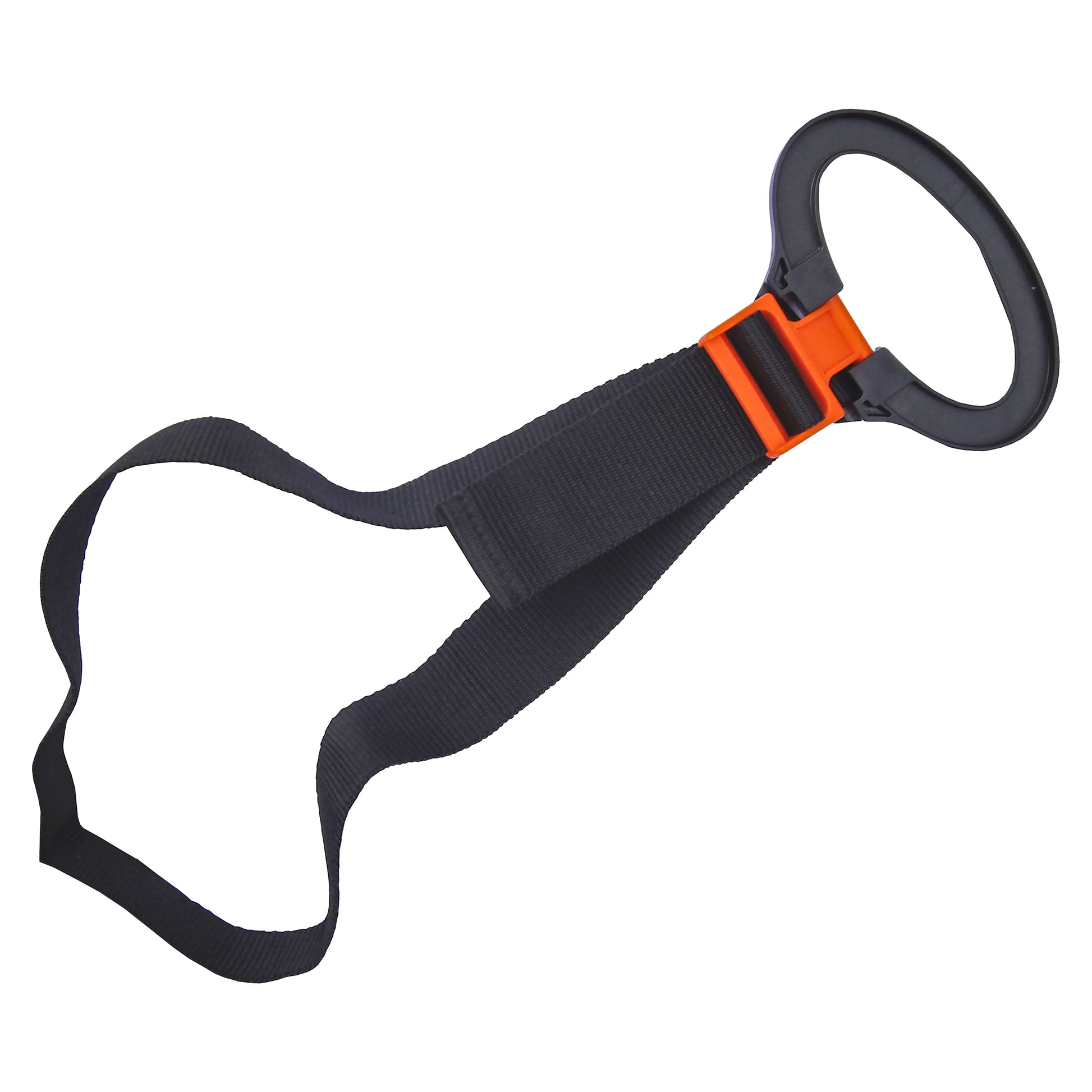 Garden hose strap holder with black webbing and orange buckle, hanging loop