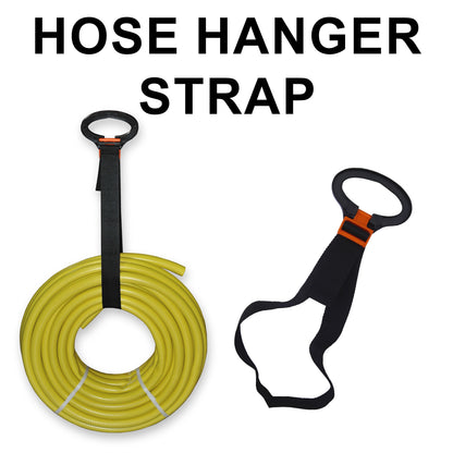 Garden hose strap holder securing coiled yellow hose, black strap with orange clip